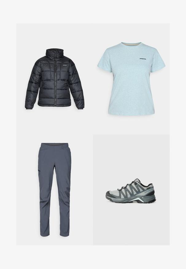 Čierna bundová izolácia s vysokým golierom, prešívaný vzor a zipsovým predným zapínaním. Obsahuje dve bočné vrecká a elastické manžety.; Svetlomodré tričko s krátkym rukávom Patagonia s okrúhlym výstrihom a malým čiernym logom Patagonia na ľavej hrudi.; Sivé výkonové nohavice s elastickým pásom, dvoma prednými vreckami a bočným vreckom na zips. Hladká textúra a priliehavý strih.; Ľahké turistické topánky v sivej sieťovine s tmavými akcentmi. Majú textúrovanú podrážku a polstrovanú pätu pre komfort a priľnavosť.