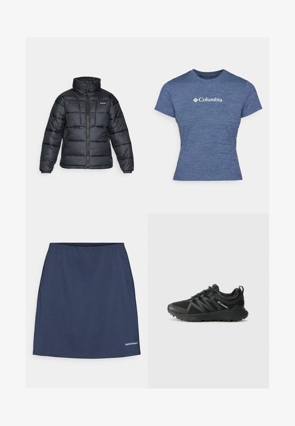 Musternatukamm, millel on kõrge krae, tikitud muster ja tõmblukuga esiosa. Sellel on kaks küljetaskut ja elastsed mansetid.; Sinine lühikeste varrukatega t-särk, mis on valmistatud tekstureeritud kangast, millel on rinnal valge Columbia logo, ümmargune kaelus ja liibuva disainiga.; Tumesinise spordiseelik, mis on valmistatud siledast ja kergest kangast. Omab elastset vöökohta ning valget logo alumises paremas servas.; Columbia PEAKFREAK - Matkajalatsid - black
