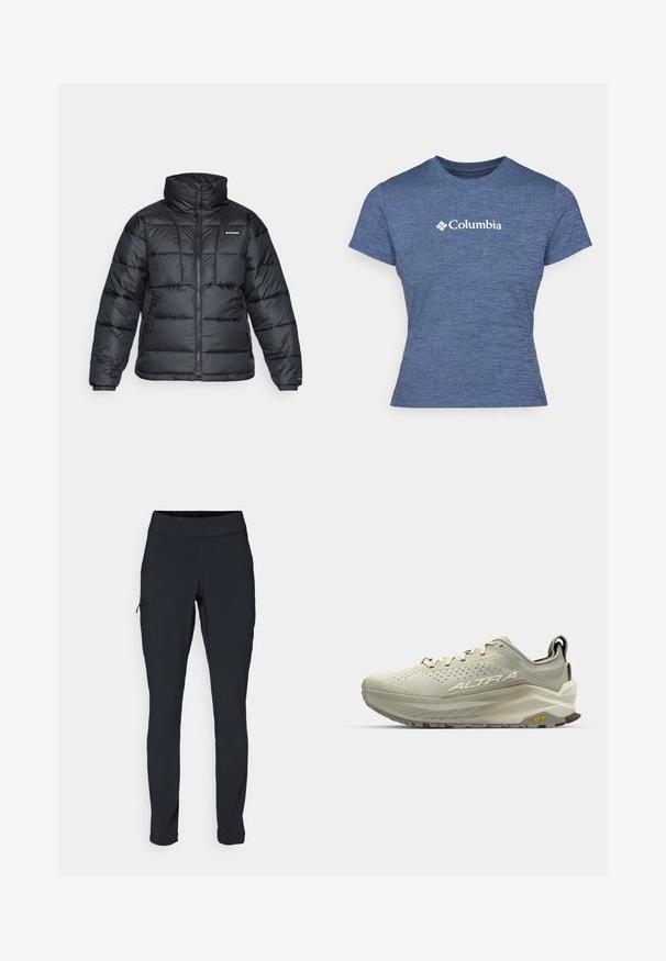 Svart dunjakke med høy krage, kviltet mønster og glidelås foran. Har to sidelommer og elastiske mansjetter.; Blå kortermet t-skjorte laget av teksturert stoff, med en hvit Columbia-logo på brystet, rund hals og tettsittende design.; Svarte joggebukser med slim fit, elastisk midjebånd og en sidelomme med glidelås. Glatt, elastisk stoff med minimalt med sømmer.; Lys beige joggesko med en pustende mesh-overdel, teksturert detaljer, snøring og Vibram såle for godt veigrep.