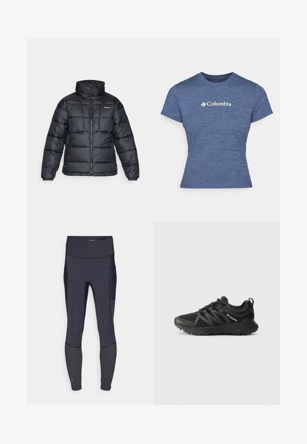 Fekete puffermellény magas gallérral, steppelt mintával és cipzáras elülső résszel. Két oldalsó zsebe és rugalmas mandzsettái vannak.; Kék, rövid ujjú póló texturált anyagból, fehér Columbia logóval a mellrészen, kerek nyakkivágással és testhezálló fazonnal.; Tengeri kék sportleggingsz, rugalmas anyagból készült, magas derékkal, oldalsó zsebbel és kontrasztos varrással. Sima textúra.; Columbia PEAKFREAK - Túracipők - black