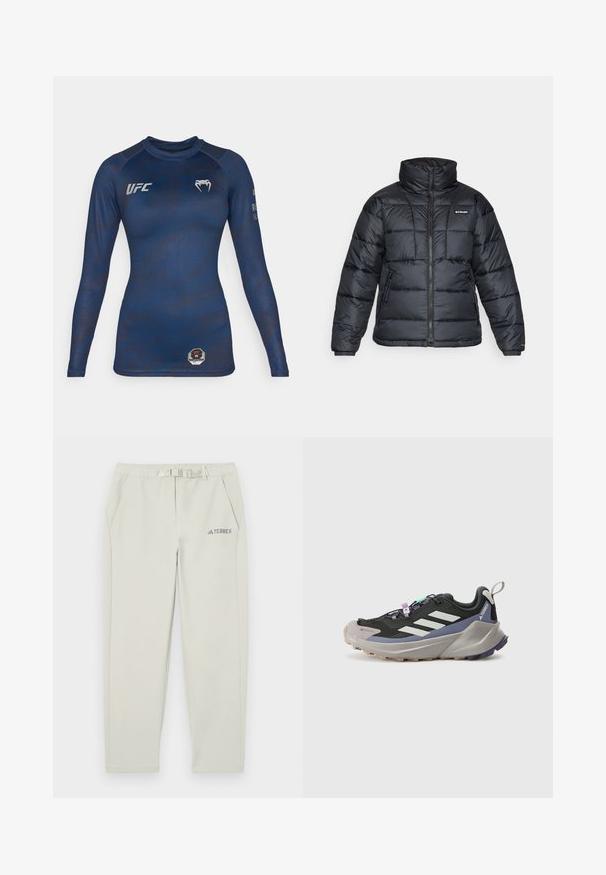 Giubbotto trapuntato nero con collo alto, motivo a cucitura e chiusura con zip. Presenta due tasche laterali e polsini elasticizzati.; Rash guard a maniche lunghe blu navy realizzato in tessuto morbido, con un motivo sottile, logo UFC sul petto e una toppa ottagonale in vita.; Pantaloni sportivi grigio chiaro con vita elastica, dettaglio della cintura, due tasche laterali e un piccolo logo blu "TERREX" sulla coscia sinistra.; Scarpa sportiva nera con parte superiore in Gore-Tex, strisce bianche, accenti viola, suola intermedia grigia spessa e suola esterna grigia testurizzata per una migliore aderenza.
