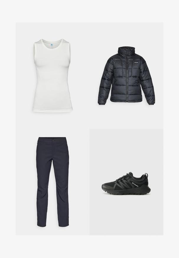 Zwarte pufferjack met hoge kraag, gestikt patroon en rits aan de voorkant. Beschikt over twee zijzakken en elastische manchetten.; Witte mouwloze sporttop gemaakt van gestructureerde meshstof. Heeft een ronde halslijn en een aansluitende pasvorm met gladde zomen.; Navyblauwe broek van gladde stof, met een sluiting aan de voorkant met een knoop, slim-fit ontwerp en geplooide details bij de knieën.; Columbia PEAKFREAK - Outdoorschoenen - black