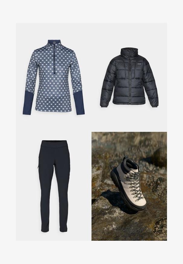 Juodas pūkuotas švarkas su aukštu apykakle, išsiuvinėtu raštu ir užtrauktuku priekyje. Yra dvi šoninės kišenės ir elastingi rankogaliai.; Ilgų rankovių, užtrauktuku užsegamas džemperis tamsiai mėlynos spalvos su geometriniu baltu raštu; savyje turi solidžius mėlynos spalvos akcentus ant rankovių ir apykaklės.; Juodi sportiniai medvilniniai kelnių modeliai su siauru kirpimu, elastinga juosmens juosta ir šonine kišene su užtrauktuku. Lygus, elastingas audinys su minimaliais siūlės.; Šviesiai smėlio spalvos turizmo batai su juodu guminio pado, lankstus viršus, metaliniai akių laikikliai ir pilkos raišteliai, padėti ant akmenuoto paviršiaus.