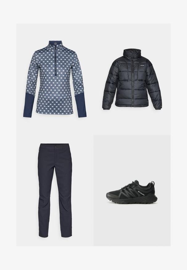 Musternatukamm, millel on kõrge krae, tikitud muster ja tõmblukuga esiosa. Sellel on kaks küljetaskut ja elastsed mansetid.; Tumedas sinises pikade varrukatega, lukuga top, millel on geomeetriline valge muster; varrukatel ja krael on soliidne sinine aktsent.; Tumedat sinised püksid sujuva kangaga, millel on esiääre nuppude sulgemine, kitsas lõige ja volditud detailid põlvede piirkonnas.; Columbia PEAKFREAK - Matkajalatsid - black