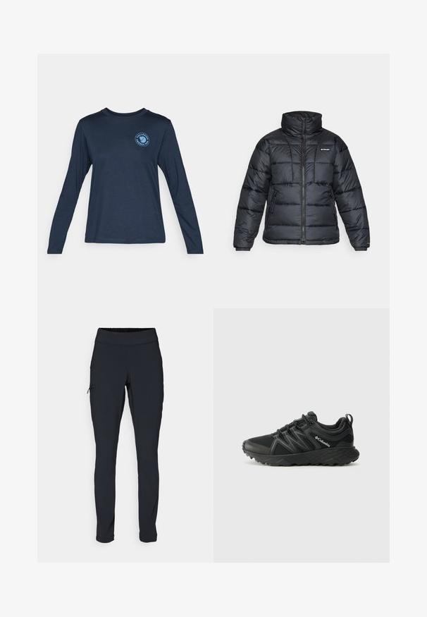Černá prošívaná bunda s vysokým límcem, prošívaným vzorem a zipovým zapínáním. Obsahuje dvě boční kapsy a elastické manžety.; Dlouhý rukáv navy modré tričko vyrobené z měkké látky. Má kulatý výstřih a modré kruhové logo na levé části hrudi.; Černé sportovní kalhoty s úzkým střihem, elastickým pasem a boční kapsou na zip. Hladká, elastická tkanina s minimem švů.; Columbia PEAKFREAK - Trekingové boty - black