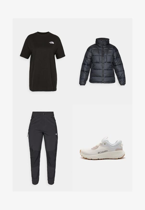 Black puffer jacket with high collar, quilted pattern, and zippered front. Features two side pockets and elastic cuffs.; Black cotton t-shirt with short sleeves, crew neck, and a small white logo on the left chest. Smooth texture, relaxed fit.; Black outdoor pants made of durable fabric. Feature zippered pockets, reinforced knee panels, and a straight cut design for mobility.; Lightweight Columbia athletic shoe in white mesh with a textured gray sole and rubber traction. Features a padded collar and lace-up design.