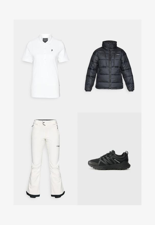 Chaqueta de plumas negra con cuello alto, patrón acolchado y cierre con cremallera. Cuenta con dos bolsillos laterales y puños elásticos.; Camisa polo blanca hecha de tela suave, con un cuello clásico y mangas cortas. Logo negro en el lado izquierdo del pecho. Botones en la parte delantera.; Pantalones de esquí blancos hechos de un material suave y flexible. Presentan una cintura ajustada, piernas anchas y acampanadas, y un ribete negro en los puños. Logo de la marca visible.; Columbia PEAKFREAK - Zapatillas de senderismo - black