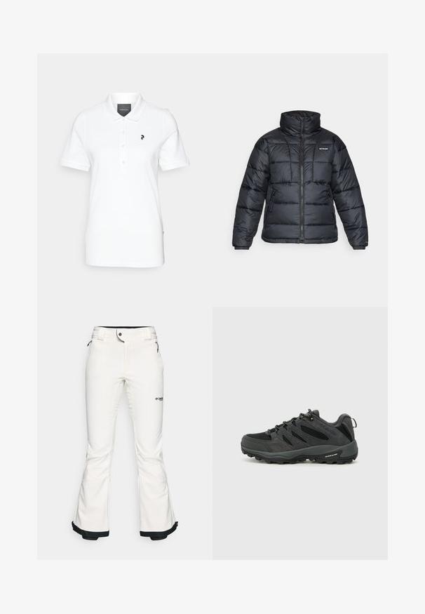 Chaqueta de plumas negra con cuello alto, patrón acolchado y cierre con cremallera. Cuenta con dos bolsillos laterales y puños elásticos.; Camisa polo blanca hecha de tela suave, con un cuello clásico y mangas cortas. Logo negro en el lado izquierdo del pecho. Botones en la parte delantera.; Pantalones de esquí blancos hechos de un material suave y flexible. Presentan una cintura ajustada, piernas anchas y acampanadas, y un ribete negro en los puños. Logo de la marca visible.; Columbia REDMOND - Zapatillas de senderismo - black/citron haze