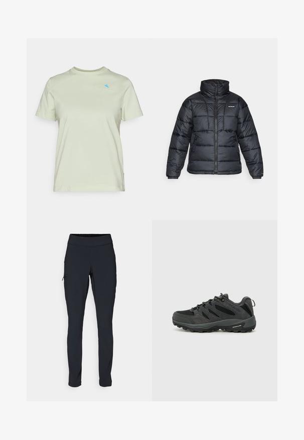 Zwarte pufferjack met hoge kraag, gestikt patroon en rits aan de voorkant. Beschikt over twee zijzakken en elastische manchetten.; Lichtgroene katoen T-shirt met een ronde halslijn en korte mouwen. Bevat een klein blauw logo geborduurd op de borst.; Zwarte sportbroek met een slim fit, elastische tailleband en een zijzak met rits. Glad, rekbaar materiaal met minimale naden.; Columbia REDMOND - Outdoorschoenen - black/citron haze