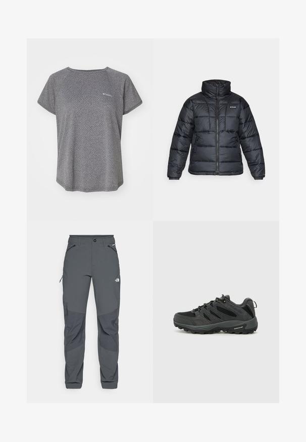 Mustat puffatakit, joissa on korkea kaulus, päivitysympäristö ja vetoketjullinen etuosa. Varustettu kahdella sivutaskulla ja joustavilla hihansuilla.; Harmaa lyhythihainen paita, jossa on hillitty tekstuuri, pyöreä pääntie ja Columbia-logo rinnassa. Pehmeä kangas, rento istuvuus.; Tummanharmaat ulkoiluhousut, joissa on vahvistetut polvipaikat, vetoketjulliset sivu- ja etutaskut, nappisuljenta ja The North Face -logo reidessä.; Columbia REDMOND - Vaelluskengät - black/citron haze