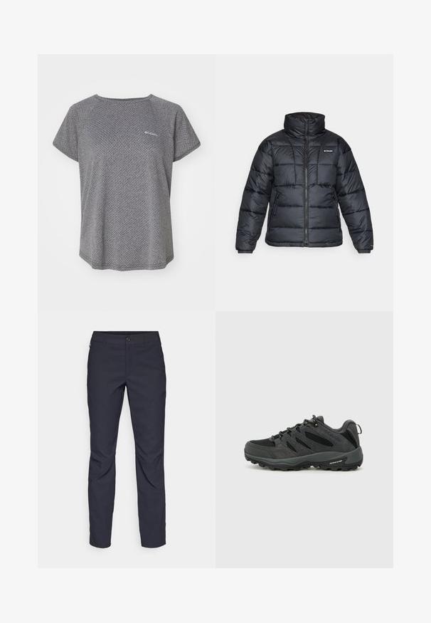 Chaqueta de plumas negra con cuello alto, patrón acolchado y cierre con cremallera. Cuenta con dos bolsillos laterales y puños elásticos.; Camiseta gris de manga corta con un sutil patrón texturizado, cuello redondo y logo de Columbia en el pecho. Tejido suave, corte relajado.; Pantalones azul marino de tela suave, que presentan un cierre delantero con botón, un diseño ajustado y detalles con pliegues en las rodillas.; Columbia REDMOND - Zapatillas de senderismo - black/citron haze
