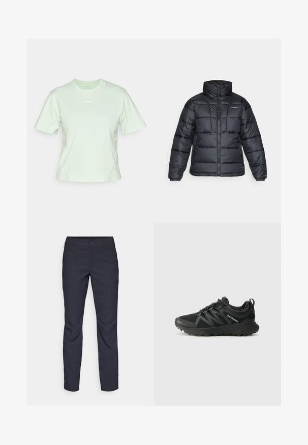 Svart dunjakke med høy krage, kviltet mønster og glidelås foran. Har to sidelommer og elastiske mansjetter.; Salomon TRACKLINE TEE - T-shirts - sea foam; Marineblå bukser laget av glatt stoff, med frontknappelukking, slim-fit design og pressede detaljer ved knærne.; Columbia PEAKFREAK - Fjellsko - black