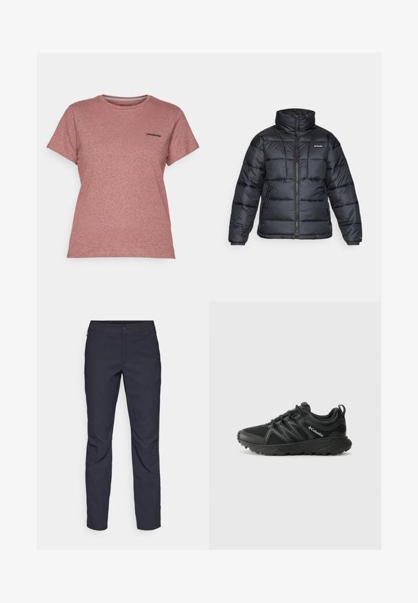 Czarna puchowa kurtka z wysokim kołnierzem, pikowanym wzorem i zamek błyskawiczny z przodu. Posiada dwie boczne kieszenie i elastyczne mankiety.; Patagonia P-6 RESPONSIBILI-TEE mauve; Granatowe spodnie wykonane z gładkiego materiału, z zapięciem na guziki z przodu, wąskim kroju oraz detalami w postaci prasowania na kolanach.; Columbia PEAKFREAK czarny