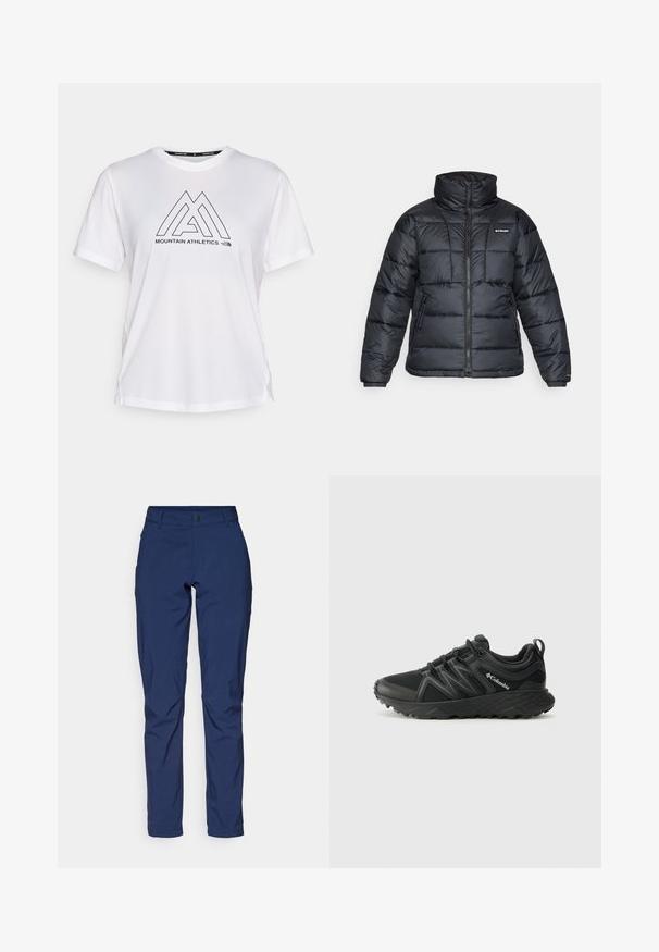 Svart dunjakke med høy krage, kviltet mønster og glidelås foran. Har to sidelommer og elastiske mansjetter.; The North Face MOUNTAIN ATHLETICS FLEX TEE - T-shirts med print - white; Marineblå bukser laget av glatt stoff, med klassisk passform, frontlommer og glidelås med knappelukking.; Columbia PEAKFREAK - Fjellsko - black
