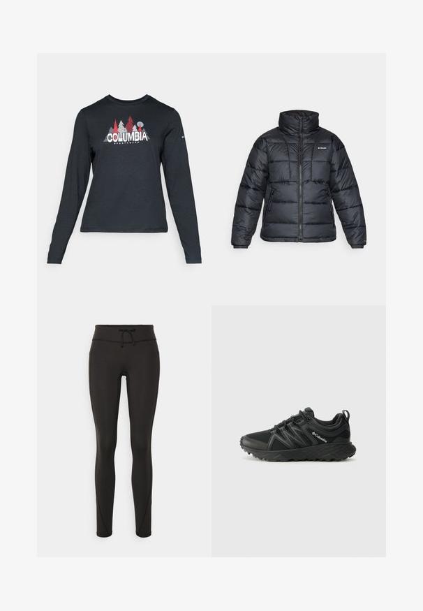Chaqueta de plumas negra con cuello alto, patrón acolchado y cierre con cremallera. Cuenta con dos bolsillos laterales y puños elásticos.; Camisa de manga larga gris oscuro con un gráfico de árboles rojos y montañas; logo "COLUMBIA" en texto blanco en negrita. Tela suave, cuello redondo estándar.; Leggings negros con cintura alta, cordón, textura suave y diseño ajustado. Presenta detalles de costura a lo largo de los laterales.; Columbia PEAKFREAK - Zapatillas de senderismo - black