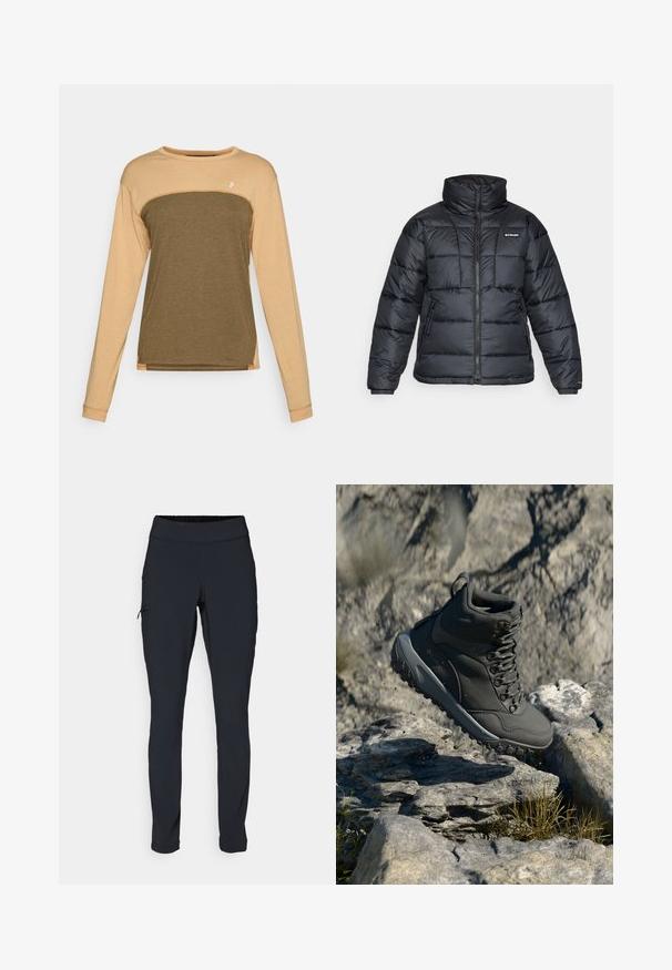 Black puffer jacket with high collar, quilted pattern, and zippered front. Features two side pockets and elastic cuffs.; Long-sleeve shirt with a beige upper section and a dark olive green lower section. Soft, textured fabric with contrasting shoulder seams.; Black athletic pants with a slim fit, elastic waistband, and a side pocket featuring a zipper. Smooth, stretchy fabric with minimal seams.; Dark gray hiking boot made of synthetic material, featuring a padded collar, metal eyelets, and textured rubber sole for traction.