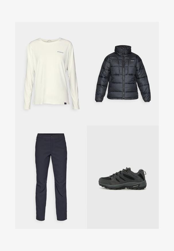 Juodas pūkuotas švarkas su aukštu apykakle, išsiuvinėtu raštu ir užtrauktuku priekyje. Yra dvi šoninės kišenės ir elastingi rankogaliai.; Ilgų rankovių, apvalia iškirpte marškinėliai iš off-white medvilnės. Savybės: mėlynas Patagonia logotipas kairėje krūtinės pusėje ir pritaikytas siluetas.; Tamsiai mėlynos kelnės, pagamintos iš lygaus audinio, su priekiniais mygtukais, lieknos silueto ir raukšlėmis ant kelių.; Columbia REDMOND - Turistiniai batai - black/citron haze