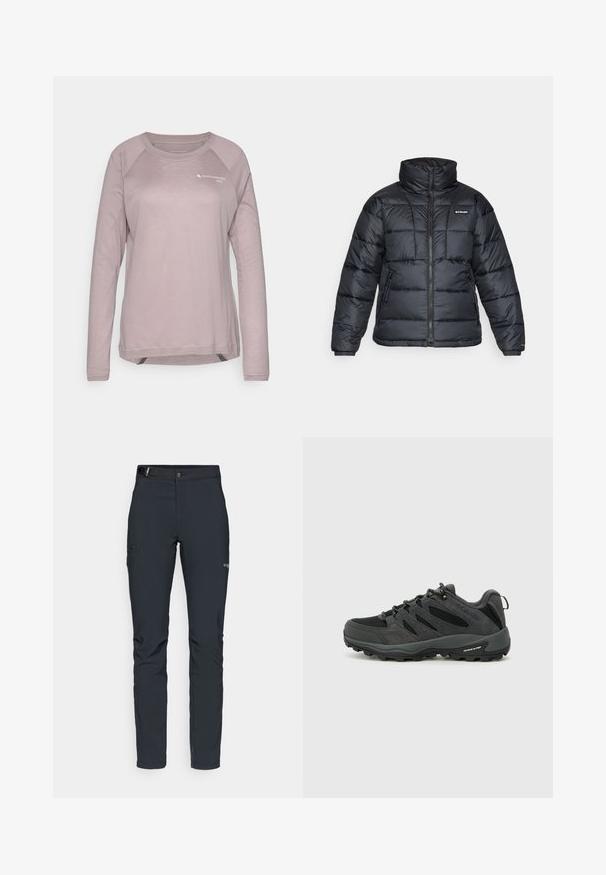 Black puffer jacket with high collar, quilted pattern, and zippered front. Features two side pockets and elastic cuffs.; Light pink long-sleeve shirt made of soft fabric. Features raglan sleeves, a round neckline, and a small logo print on the chest.; Men's outdoor pants, dark gray, made from flexible material, featuring a belt, zippered pockets, and reinforced stitching.; Columbia REDMOND - Hiking shoes - black/citron haze