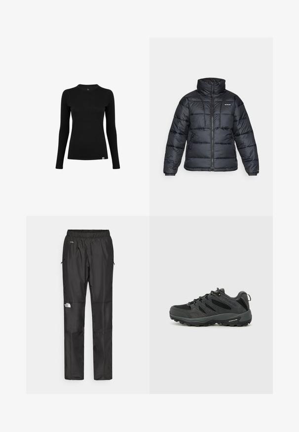Czarna puchowa kurtka z wysokim kołnierzem, pikowanym wzorem i zamek błyskawiczny z przodu. Posiada dwie boczne kieszenie i elastyczne mankiety.; Czarna koszula z długim rękawem wykonana z gładkiej tkaniny, z okrągłym dekoltem. Posiada subtelną metkę z logo w dolnym lewym rogu. Minimalistyczny design.; Czarne wodoodporne spodnie wykonane z lekkiego materiału, z elastycznym pasem, bocznymi kieszeniami i logo na lewym nogawce.; Columbia REDMOND czarny