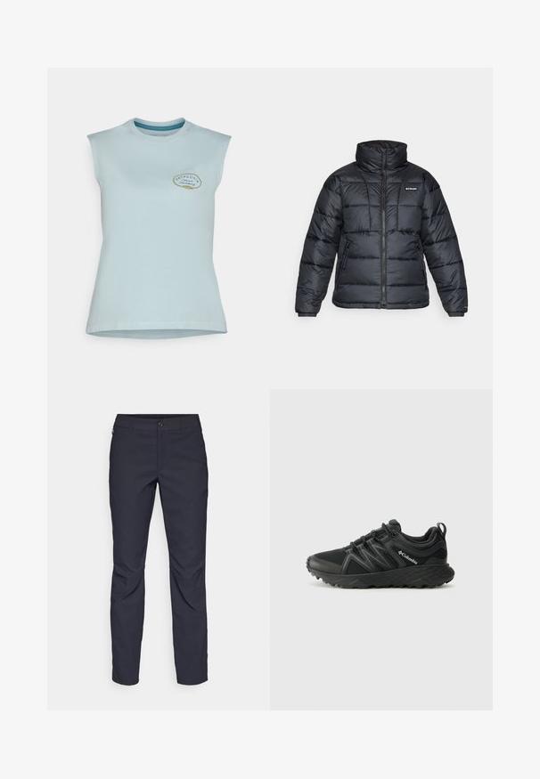 Melnā pūkainā jaka ar augstu apkakli, quilted rakstu un ar rāvējslēdzēju priekšpusi. Iezīmē divas sānu kabatas un elastīgas aproces.; Gaišzilā bez piedurknēm izgatavota kokvilnas T-kreklā ar apaļu dekoltē un mazu izdrukātu logotipu uz kreisā krūts, ar gludu tekstūru.; Navy zila bikses, kas izgatavotas no gludas auduma, ar priekšējo pogu aizdari, pieguļošu siluetu un krokām pie ceļgaliem.; Columbia PEAKFREAK - Pārgājienu apavi - black