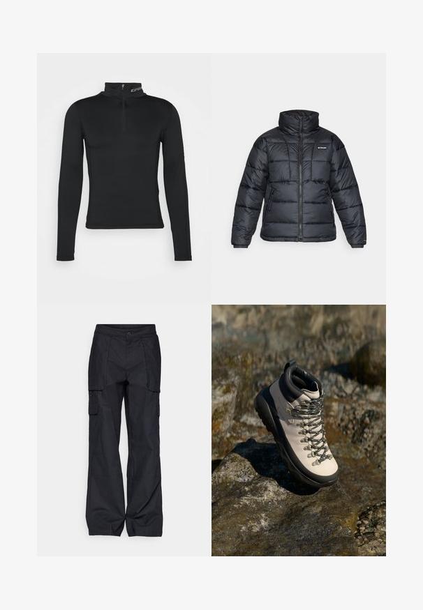Schwarze Pufferjacke mit hohem Kragen, gestepptem Muster und Reißverschluss vorne. Hat zwei Seitentaschen und elastische Ärmelabschlüsse.; Schwarzes langärmliges Basisschicht-Oberteil mit hohem Kragen und Viertel-Reißverschluss. Glatte Textur und enganliegendes Design für optimierte Leistung.; Columbia BREA FALLS™ COTTON RIPSTOP PANT - Outdoor-Hose - black; Hellbeige Wanderschuhe mit einer schwarzen Gummisohle, flexiblem Obermaterial, Metallösen und grauen Schnürsenkeln, platziert auf einer felsigen Oberfläche.