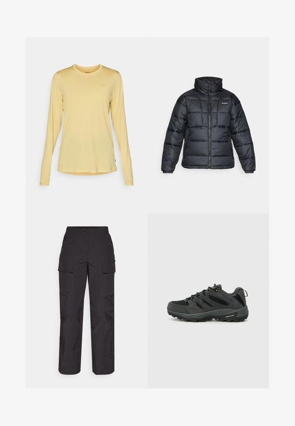 Svart dunjakke med høy krage, kviltet mønster og glidelås foran. Har to sidelommer og elastiske mansjetter.; Langermet skjorte i lys gul, laget av mykt stoff. Har rund halsutringning og subtil logo detalj på brystet. Jevn tekstur.; Svart cargo-bukser laget av slitesterkt stoff, med flere sidelommer, knappelukking og en løs passform med rette ben.; Columbia REDMOND - Fjellsko - black/citron haze