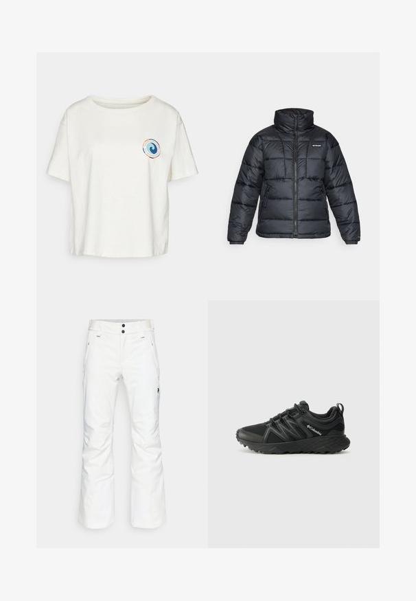 Black puffer jacket with high collar, quilted pattern, and zippered front. Features two side pockets and elastic cuffs.; Patagonia UNITY FITZ EASY CUT RESPONSIBILI-TEE - Print T-shirt - birch white; White snow pants featuring a straight leg design, two front pockets, and two black button closures. Textured fabric with black branding detail.; Columbia PEAKFREAK - Hiking shoes - black