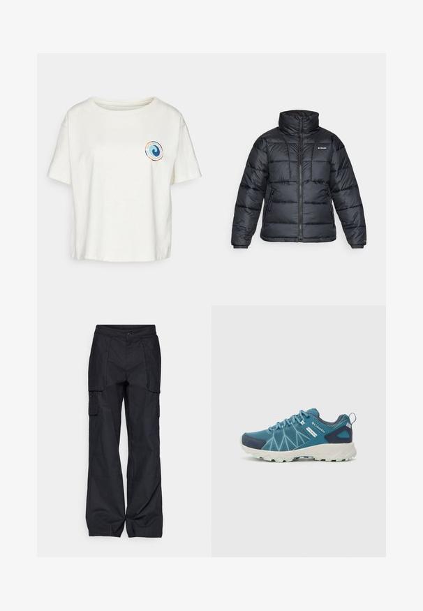 Fekete puffermellény magas gallérral, steppelt mintával és cipzáras elülső résszel. Két oldalsó zsebe és rugalmas mandzsettái vannak.; Patagonia UNITY FITZ EASY CUT RESPONSIBILI-TEE - Nyomott mintás póló - birch white; Columbia BREA FALLS™ COTTON RIPSTOP PANT - Szabadtéri nadrágok - black; Columbia PEAKFREAK™ II OUTDRY™ - Túracipők - blue heron/skylight