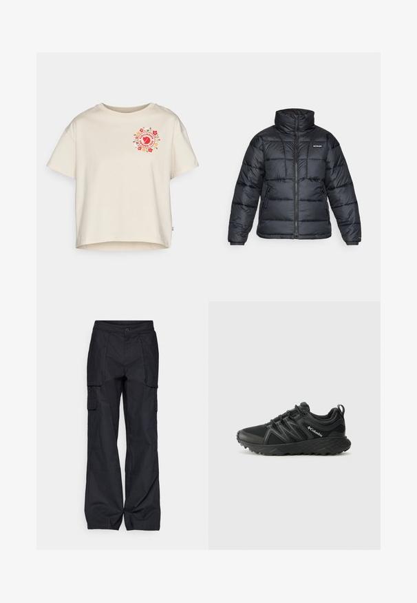 Black puffer jacket with high collar, quilted pattern, and zippered front. Features two side pockets and elastic cuffs.; Cream-colored cotton t-shirt with short sleeves, featuring a circular floral logo in red and green on the front, rounded neckline.; Columbia BREA FALLS™ COTTON RIPSTOP PANT - Outdoor trousers - black; Columbia PEAKFREAK - Hiking shoes - black