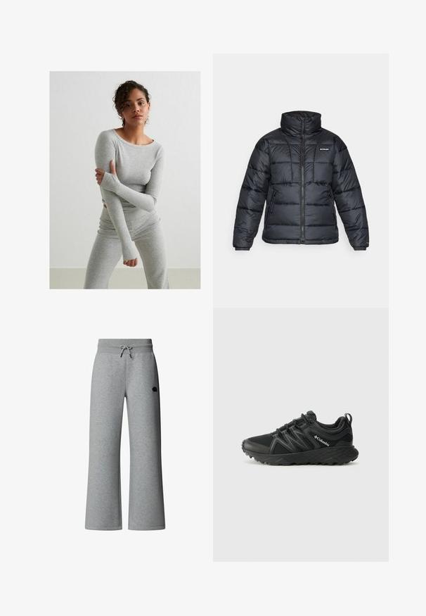 Czarna puchowa kurtka z wysokim kołnierzem, pikowanym wzorem i zamek błyskawiczny z przodu. Posiada dwie boczne kieszenie i elastyczne mankiety.; Szara bluzka z długim rękawem i dopasowane legginsy wykonane z tkaniny w prążek, z otworami na kciuki i okrągłym dekoltem, na jednolitym tle.; Szare, szerokie spodnie dresowe wykonane z miękkiego materiału. Posiadają elastyczny pas ze sznurkiem oraz małe logo z boku.; Columbia PEAKFREAK czarny