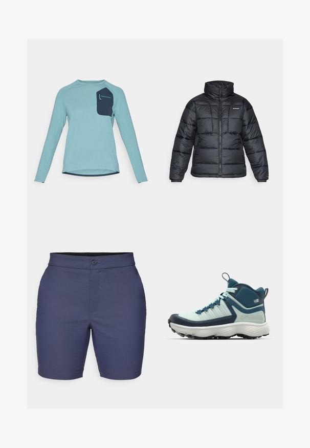 Fekete puffermellény magas gallérral, steppelt mintával és cipzáras elülső résszel. Két oldalsó zsebe és rugalmas mandzsettái vannak.; Hosszú ujjú póló világoskék texturált anyagból. Navy kék zsebbel rendelkezik, amelyen márkajelzés található. Kerek nyakú és ívelt hem kialakítás.; Sötétkék rövidnadrág sima szövetből, gombos záródással, övhurkokkal és testhezálló szabással, tiszta szegéllyel.; Férfi túracipő világos teal és sötétkék színben. Jellemzői közé tartozik a texturált felsőrész, az alakított gumitalp és a markáns talp a tapadás érdekében.