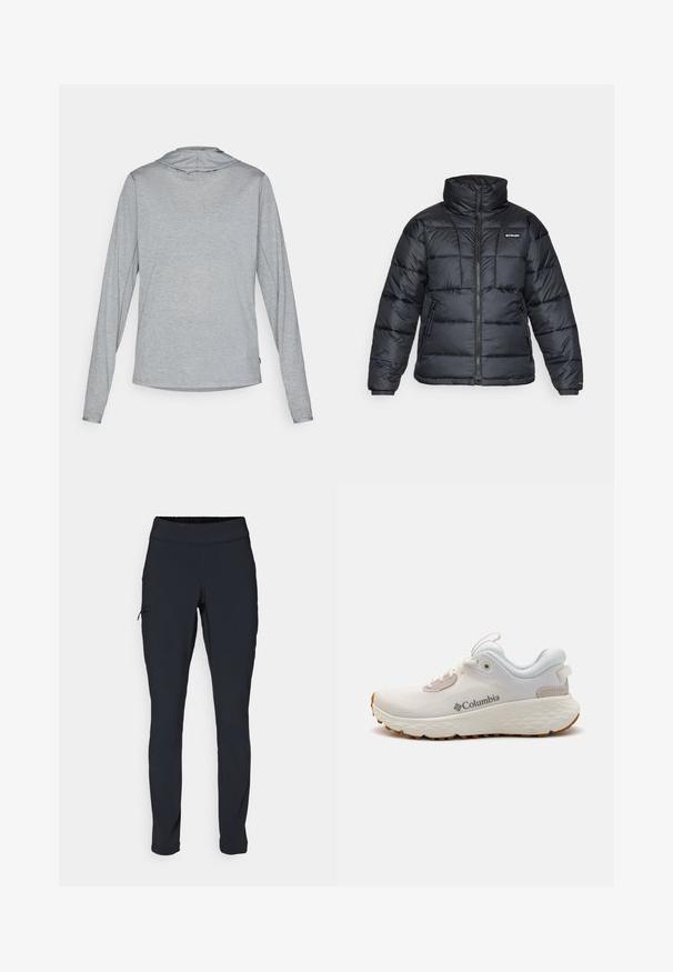 Melnā pūkainā jaka ar augstu apkakli, quilted rakstu un ar rāvējslēdzēju priekšpusi. Iezīmē divas sānu kabatas un elastīgas aproces.; Gari noslēgta, ilgu piedurkņu džemperis gaiši pelēkā krāsā, kas izgatavots no mīksta, teksturēta auduma. Ar kapuci un brīvu piegriezumu, ar noapaļotu apakšmalu.; Melni sporta bikses ar pieguļošu piegriezumu, elastīgu jostasvannu un sānu kabatu ar rāvējslēdzēju. Gluda, elastīga auduma struktūra ar minimālām šuvēm.; Viegls Columbia sporta apavs baltā sietā ar teksturētu pelēku zoli un gumijas saķeri. Iespējas ietver polsterētu apkakli un saistīšanas dizainu.