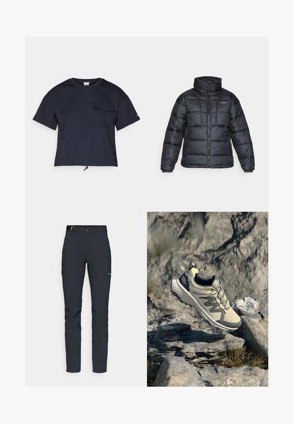 Fekete puffermellény magas gallérral, steppelt mintával és cipzáras elülső résszel. Két oldalsó zsebe és rugalmas mandzsettái vannak.; Fekete, rövid ujjú póló mellzsebbel, zsinóros alsó résszel és könnyű anyagú textúrával. Kerek nyakkivágással rendelkezik.; Férfi kültéri nadrág, sötétszürke, rugalmas anyagból készült, övvel, cipzáros zsebekkel és megerősített varratokkal.; Columbia terepfutó cipő világos bézs és szürke színben. Hálós felsőrész texturált részletekkel, gumi talp és fényvisszaverő elemek. Könnyű kialakítás.