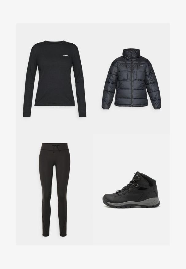 Svart dunjakke med høy krage, kviltet mønster og glidelås foran. Har to sidelommer og elastiske mansjetter.; Svart langermet t-skjorte i bomull, med rund hals og en liten hvit logo på venstre bryst. Glatt tekstur, tettsittende design.; Svarte leggings med høy midje, snøring, glatt tekstur og tettsittende design. Har søm detaljer langs sidene.; Sorte turstøvler med mid-topp design, som har en teksturert overdel, grå detaljer og slitesterk gummisåle med godt grep.