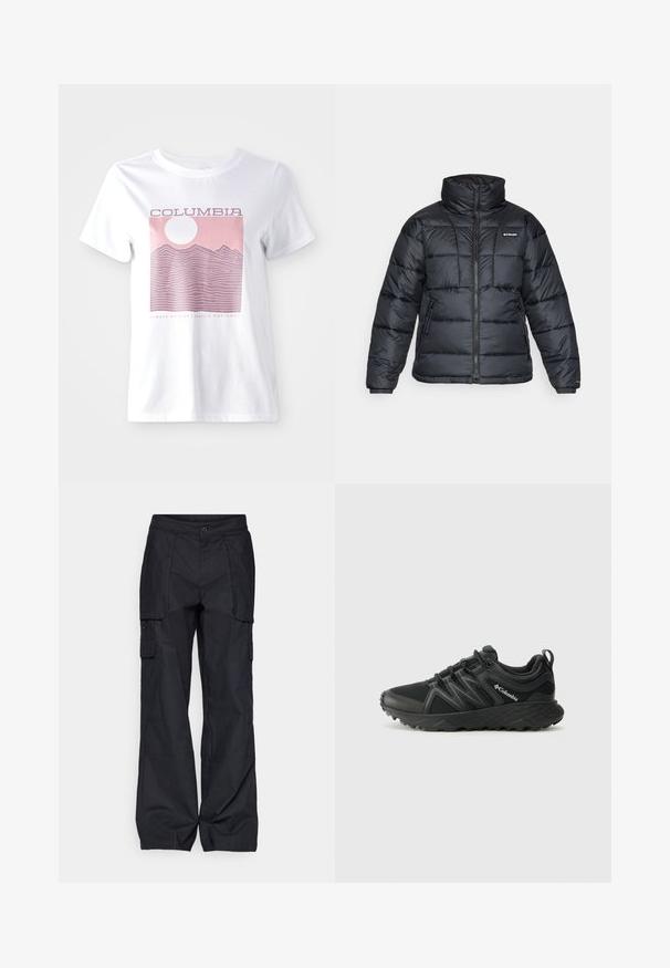 Svart puffjacka med hög krage, quiltat mönster och zippered front. Har två sidofickor och elastiska handledar.; Vit bomull t-shirt med en grafik av ett rosa berg, en sol och texten "COLUMBIA" samt "ALWAYS OUTSIDE | PACIFIC NORTHWEST."; Columbia BREA FALLS™ COTTON RIPSTOP PANT - Friluftsbyxor - black; Columbia PEAKFREAK - Hikingskor - black