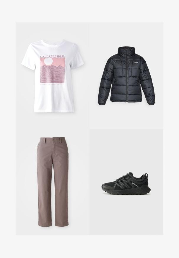 Casaco puffer preto com gola alta, padrão acolchoado e fecho éclair à frente. Apresenta dois bolsos laterais e punhos elásticos.; T-shirt de algodão branco com um gráfico de montanha rosa, um sol e o texto "COLUMBIA" e "SEMPRE FORA | PACÍFICO NORDOESTE."; Calças de sarja castanhas de algodão com corte reto, apresentando um fecho frontal com botão e bolsos laterais, textura suave e linhas limpas.; Columbia PEAKFREAK - Sapatos de caminhada - black