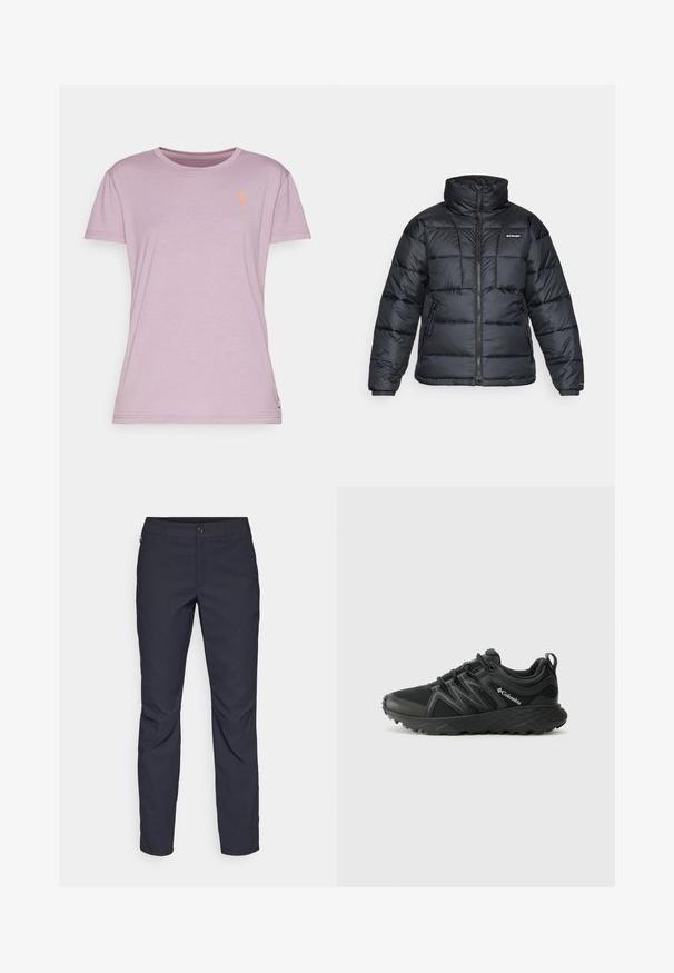 Black puffer jacket with high collar, quilted pattern, and zippered front. Features two side pockets and elastic cuffs.; Light purple T-shirt with short sleeves, a round neck, and an orange flower emblem on the chest. Soft, smooth fabric texture.; Navy blue pants made of smooth fabric, featuring a front button closure, slim-fit design, and creased detailing at the knees.; Columbia PEAKFREAK - Hiking shoes - black