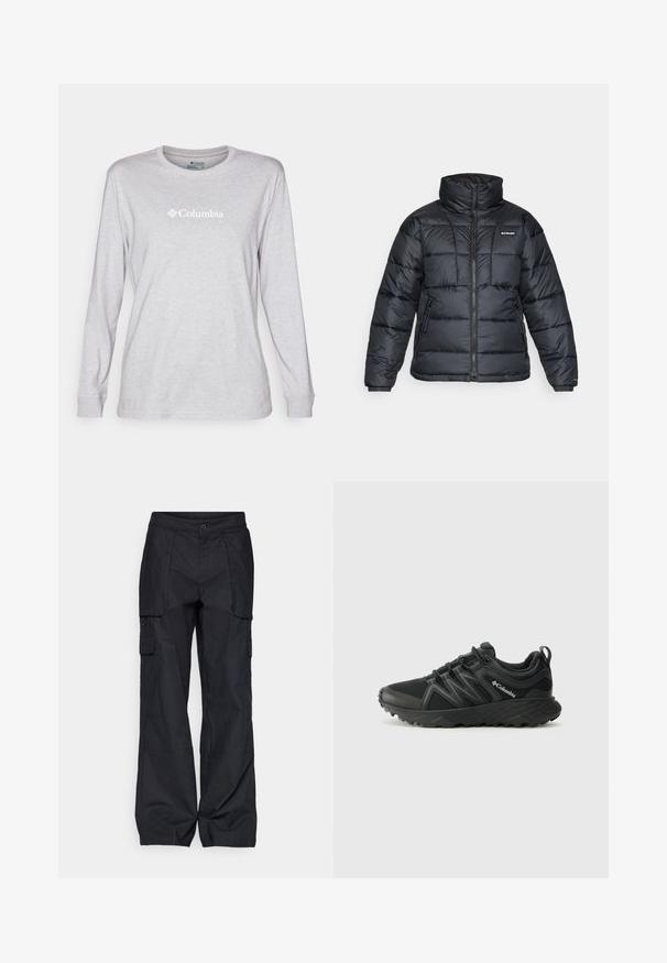 Svart puffjacka med hög krage, quiltat mönster och zippered front. Har två sidofickor och elastiska handledar.; Grå långärmad skjorta i bomullsblandning, med rund halsringning och tryckt "Columbia"-logotyp i vitt på bröstet.; Columbia BREA FALLS™ COTTON RIPSTOP PANT - Friluftsbyxor - black; Columbia PEAKFREAK - Hikingskor - black