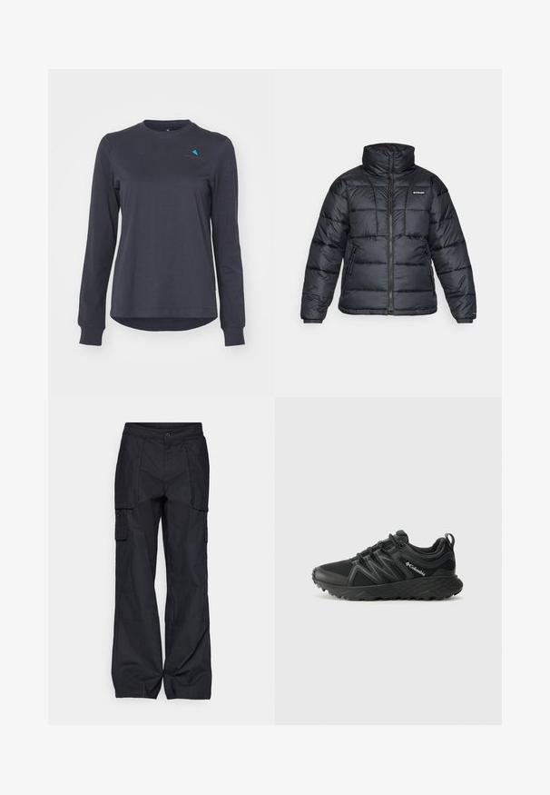 Schwarze Pufferjacke mit hohem Kragen, gestepptem Muster und Reißverschluss vorne. Hat zwei Seitentaschen und elastische Ärmelabschlüsse.; Langarm-Dunkelgrau-Hemd aus weichem Stoff, mit Rundhalsausschnitt, gerippten Bündchen und einem kleinen blauen Logoakzent auf der Brust.; Columbia BREA FALLS™ COTTON RIPSTOP PANT - Outdoor-Hose - black; Columbia PEAKFREAK - Hikingschuh - black