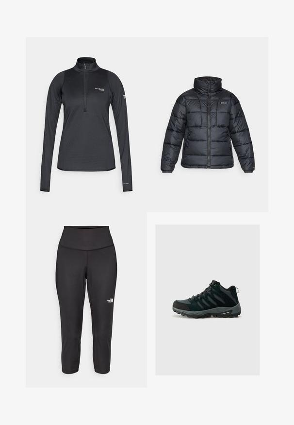 Melnā pūkainā jaka ar augstu apkakli, quilted rakstu un ar rāvējslēdzēju priekšpusi. Iezīmē divas sānu kabatas un elastīgas aproces.; Melnā Columbia Titanium garā piedurkne sporta mikina ar ceturtdaļas rāvējslēdzēju un Omni-Heat zīmolu uz kreisā piedurknes manžeta.; Melnas kapri legingu bikses, kas izgatavotas no elastīga auduma, ar augstu jostasvietu un mazu baltu logo kreisajā pusē. Gluda tekstūra.; Columbia REDMOND - Pārgājienu apavi - black/citron haze