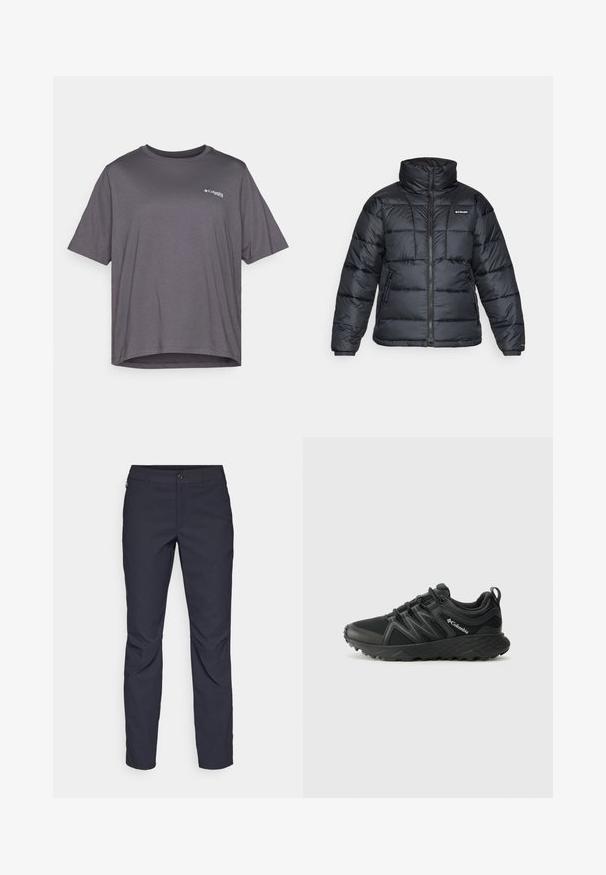 Fekete puffermellény magas gallérral, steppelt mintával és cipzáras elülső résszel. Két oldalsó zsebe és rugalmas mandzsettái vannak.; Rövid ujjú, szürke póló sima anyagból. Kerek nyakrésze van, és egy kis logó van nyomtatva a mellen.; Sötétkék nadrág sima anyagból, elülső gombos záródással, slim-fit fazonnal és gyűrött részletekkel a térdeken.; Columbia PEAKFREAK - Túracipők - black