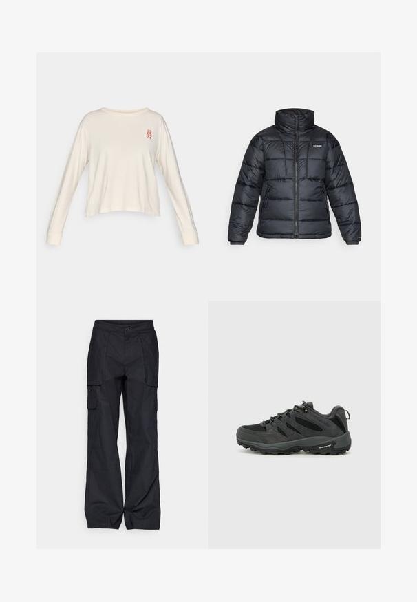 Casaco puffer preto com gola alta, padrão acolchoado e fecho éclair à frente. Apresenta dois bolsos laterais e punhos elásticos.; Camisa de manga longa em creme, feita de um tecido suave, com um decote redondo e um pequeno padrão de ziguezague vermelho na área do lado esquerdo do peito.; Columbia BREA FALLS™ COTTON RIPSTOP PANT - Calças para exterior - black; Columbia REDMOND - Sapatos de caminhada - black/citron haze