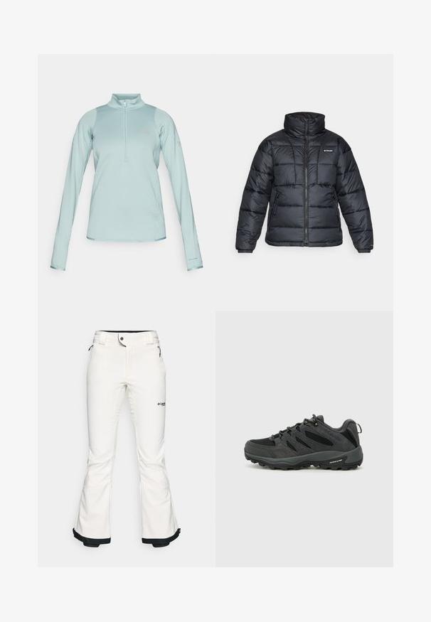 Melnā pūkainā jaka ar augstu apkakli, quilted rakstu un ar rāvējslēdzēju priekšpusi. Iezīmē divas sānu kabatas un elastīgas aproces.; Gaiši zils garo piedurknu džemperis ar pusē zipsu priekšā, fakturēta auduma, gludi akcenti un "Columbia" logo uz krūtīm un piedurknes.; Baltas slēpošanas bikses, kas izgatavotas no mīksta, elastīga materiāla. Aizdare ir pielāgota viduklim, plašas, izplestas kājas un melns apdare pie piedurknēm. Redzams zīmola logo.; Columbia REDMOND - Pārgājienu apavi - black/citron haze