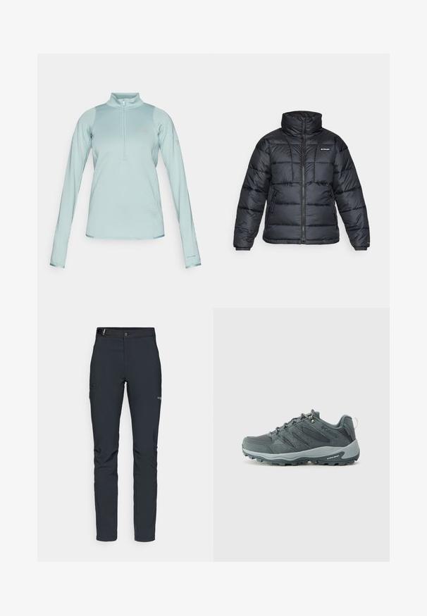 Svart puffjacka med hög krage, quiltat mönster och zippered front. Har två sidofickor och elastiska handledar.; Ljusblå långärmad tröja med halvdragkedja fram, strukturerad tyg, släta detaljer och "Columbia"-logotyp på bröstet och ärmen.; Herrernas utomhusbyxor, mörkgrå, tillverkade av flexibelt material, med ett bälte, zip-fickor och förstärkt sömnad.; Mörkgrå vandringskor med ovandel i mesh och mocka, snörningsdesign, vadderad sula och robust yttersula med greppmönster.