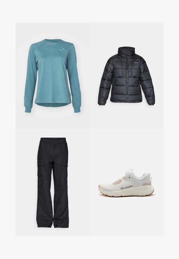 Schwarze Pufferjacke mit hohem Kragen, gestepptem Muster und Reißverschluss vorne. Hat zwei Seitentaschen und elastische Ärmelabschlüsse.; Klättermusen ROOT LOGO TEE - Langarmshirt - frost green; Columbia BREA FALLS™ COTTON RIPSTOP PANT - Outdoor-Hose - black; Leichter Columbia Sportschuh aus weißem Mesh mit einer strukturierten grauen Sole und Gummitraktion. Verfügt über einen gepolsterten Kragen und ein Schnürdesign.