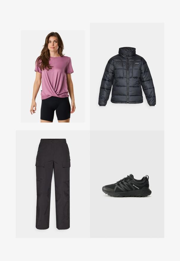 Veste rembourrée noire avec col haut, motif matelassé et fermeture éclair à l'avant. Elle dispose de deux poches latérales et de poignets élastiques.; T-shirt rose à manches courtes avec un design torsadé à l'avant, en tissu doux, col rond, associé à un short de cyclisme noir.; Pantalon cargo noir en tissu durable, doté de plusieurs poches latérales, d'une fermeture à bouton et d'une coupe ample avec des jambes droites.; Columbia PEAKFREAK - Chaussures de marche - black