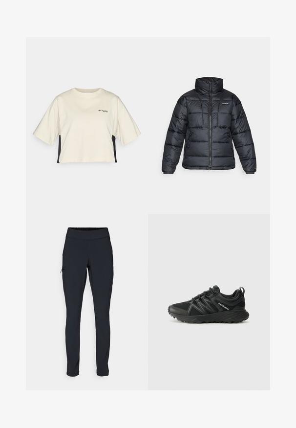 Mustat puffatakit, joissa on korkea kaulus, päivitysympäristö ja vetoketjullinen etuosa. Varustettu kahdella sivutaskulla ja joustavilla hihansuilla.; Kermanvärinen lyhythihainen crop-top, jossa on pyöreä kaula-aukko, lyhyet hihat ja mustat sivupaneelit; esittää pientä mustaa logoa rinnassa.; Musta urheiluhousut slim fit -mallilla, joustavalla vyötärönauhalla ja sivutaskulla, jossa on vetoketju. Sujuva, venyvä kangas, jossa on minimaalinen sauma.; Columbia PEAKFREAK - Vaelluskengät - black