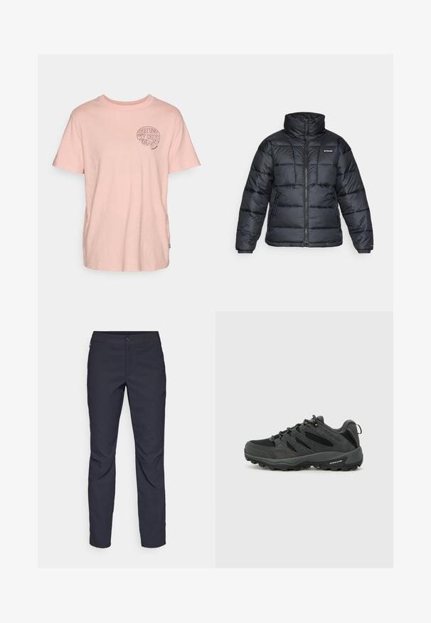 Black puffer jacket with high collar, quilted pattern, and zippered front. Features two side pockets and elastic cuffs.; Light pink cotton t-shirt with short sleeves, round neckline, and a black graphic reading "SEE YOU OUT HERE" on the left chest area.; Navy blue pants made of smooth fabric, featuring a front button closure, slim-fit design, and creased detailing at the knees.; Columbia REDMOND - Hiking shoes - black/citron haze