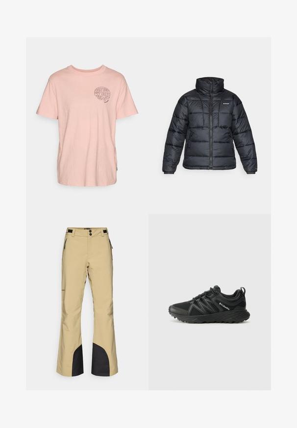 Casaco puffer preto com gola alta, padrão acolchoado e fecho éclair à frente. Apresenta dois bolsos laterais e punhos elásticos.; Camiseta de algodão rosa claro com mangas curtas, decote redondo e uma gráfica preta com a inscrição "VEJO-TE AQUI FORA" na área do lado esquerdo do peito.; Calças de esqui bege com um design a flare, apresentando detalhes em preto na parte inferior das pernas e bolsos laterais com fecho. Feitas de um material durável e resistente à humidade.; Columbia PEAKFREAK - Sapatos de caminhada - black