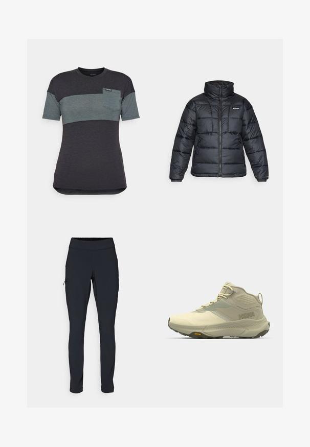 Chaqueta de plumas negra con cuello alto, patrón acolchado y cierre con cremallera. Cuenta con dos bolsillos laterales y puños elásticos.; Camiseta de manga corta en gris oscuro y verde azulado con un bloque de color horizontal, que presenta un bolsillo en el pecho y una etiqueta en el cuello.; Pantalones deportivos negros de corte ajustado, con cintura elástica y un bolsillo lateral con cremallera. Tejido suave y elástico con mínimas costuras.; Botas de senderismo Hoka en beige claro, con parte superior texturizada, cierre de cordones y suela Vibram. Logo distintivo en el lateral y diseño que proporciona soporte.